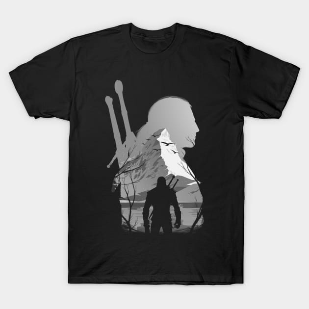 Geralt Mountain Set Silhouette T-Shirt by Meca-artwork